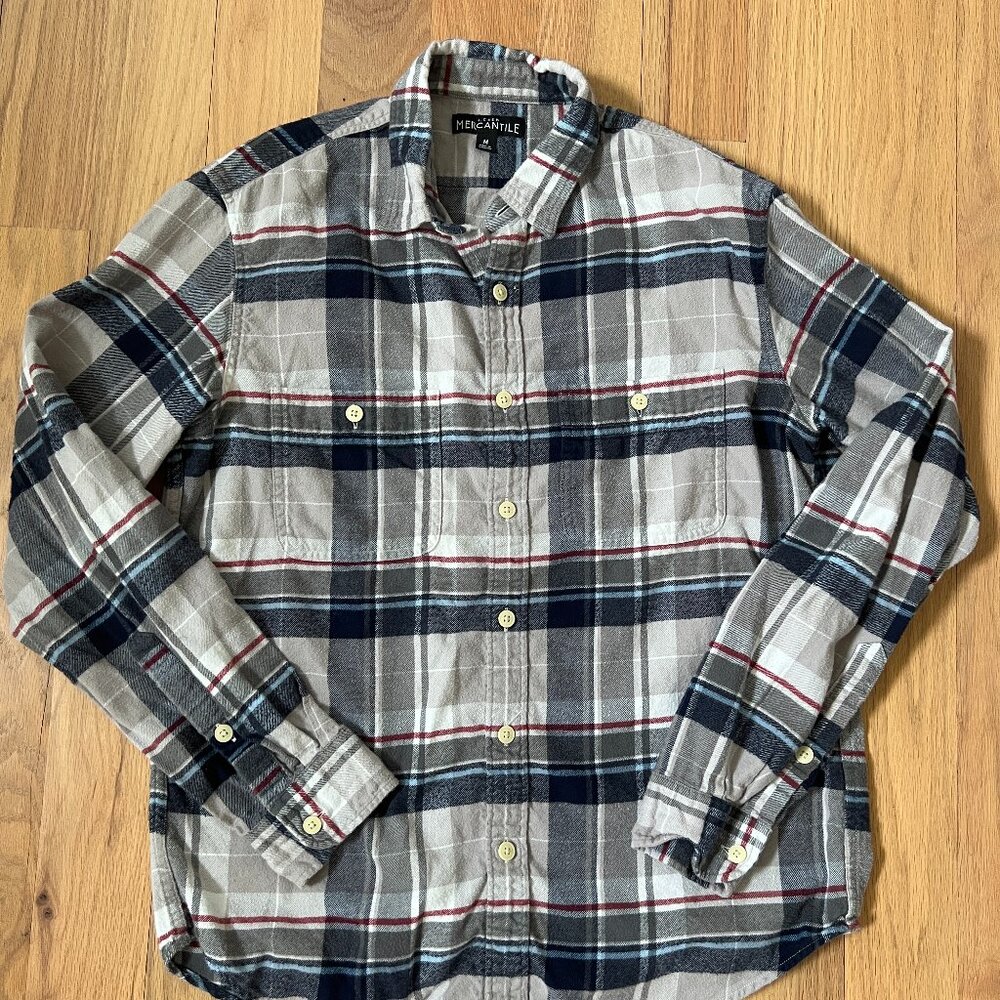 jcrew mercantile - men's grey and blue navy plaid flannel - 100% cotton - size M